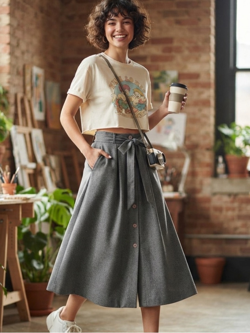 Esprit Vintage Wool Midi button up Skirt Grey 7-8